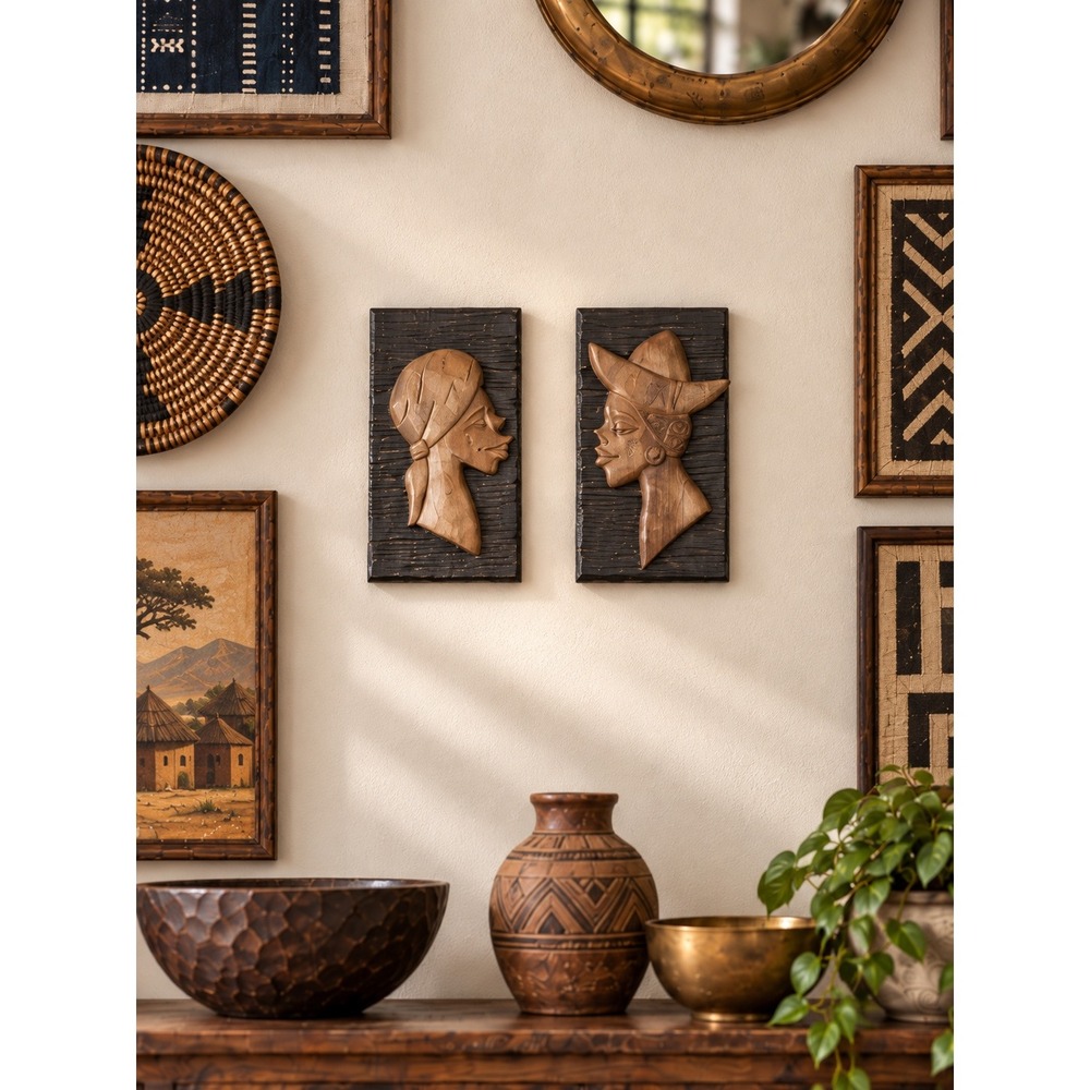 Vintage African Carved Wood Couple Wall Plaques Folk Art Man Woman Pair